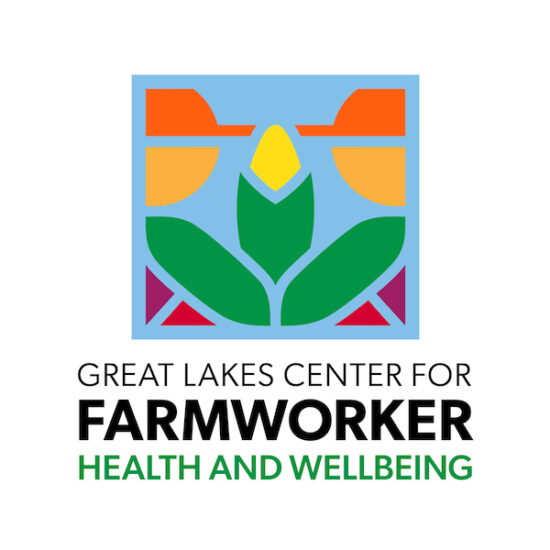 The logo for the Great Lakes Center for Farmworker Health and Wellbeing, featuring a geometric depiction of two farm workers holding an ear of corn