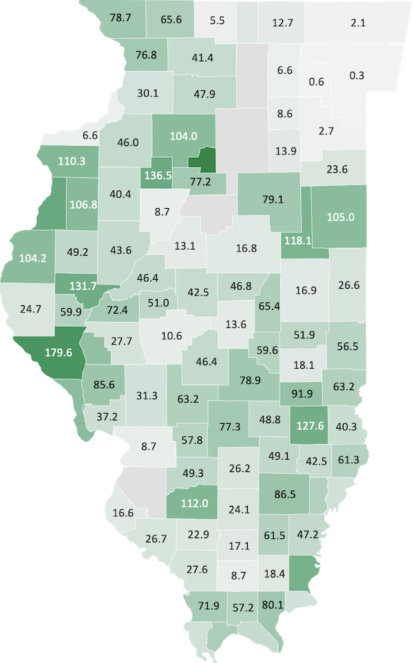 A heat map visualizing the relative number of farmworkers and their dependents per 1,000 people in each county on a gradient from light gray to dark green