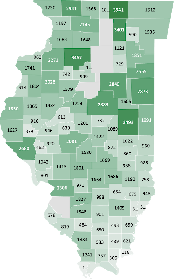 A heat map visualizing the relative number of farmworkers and their dependents in each county on a gradient from light gray to dark green