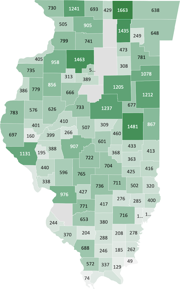 A heat map visualizing the relative number of farmworkers in each county on a gradient from light gray to dark green