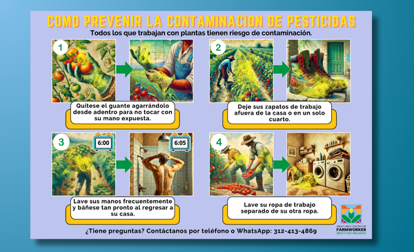 A preview of an image-centric pesticide training resource with artistic renderings accompanied by captions in Spanish. The full resource is available for download.