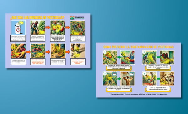 A preview of a two-sided, image-centric pesticide training resource with artistic renderings accompanied by captions in Spanish. The full resource is available for download.